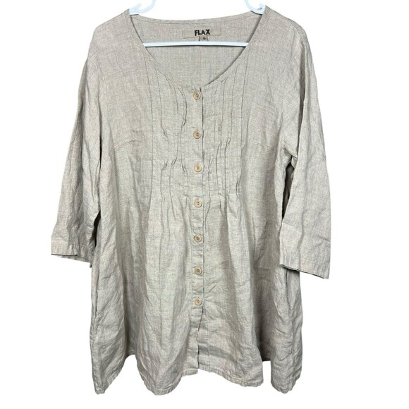 Flax (S) Linen Top Oversized Natural Pleated Tunic Dress Button Shirt W/Pockets - Picture 1 of 12